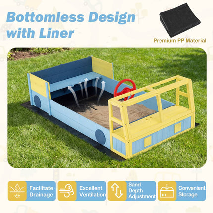 Wooden Kids Sandbox with Bottom Liner, Bench Seat, Blue
