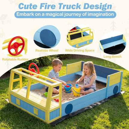 Wooden Kids Sandbox with Bottom Liner, Bench Seat, Blue