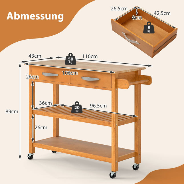 Holzküchenwagen mit Arbeitsplatte, Schubladen und Ablagen