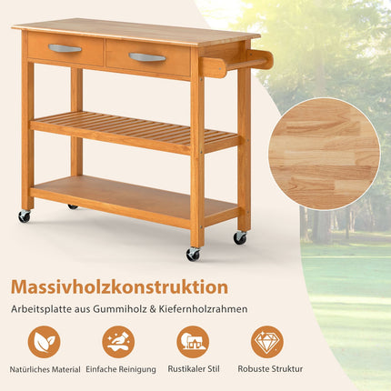Holzküchenwagen mit Arbeitsplatte, Schubladen und Ablagen
