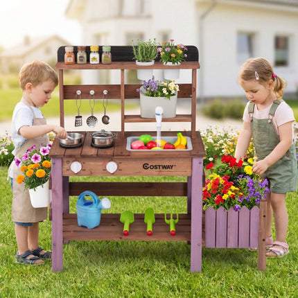 Wooden Mud Kitchen Set with Faucet and Gardening Tools