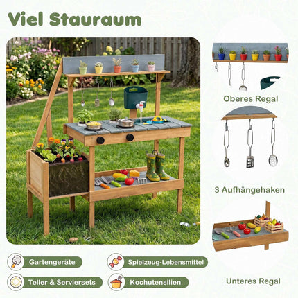 Wooden Outdoor Mud Kitchen with Sink, Planter & Stoves