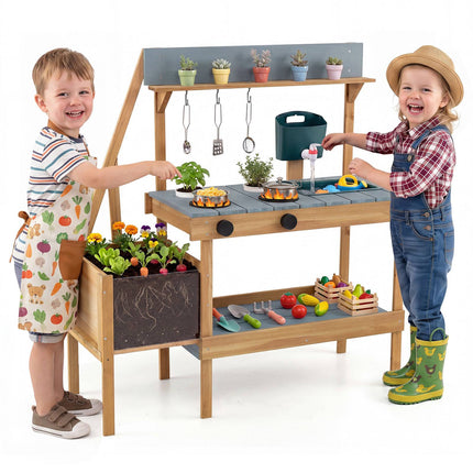 Wooden Outdoor Mud Kitchen with Sink, Planter & Stoves