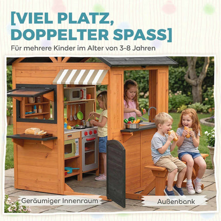 Holzspielhaus für draußen mit Küche und Bank für Kinder