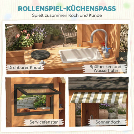 Holzspielhaus für draußen mit Küche und Bank für Kinder