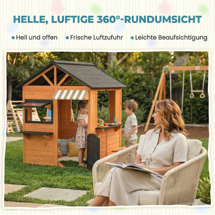 Holzspielhaus für draußen mit Küche und Bank für Kinder