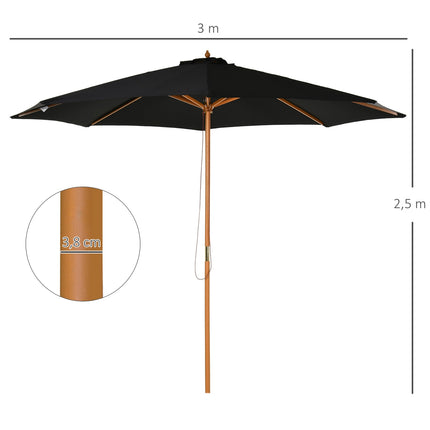 Wooden Bamboo Parasol, 300 Cm, Black, Robust & Elegant