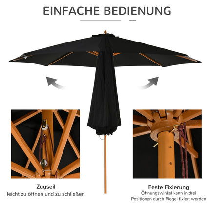 Wooden Bamboo Parasol, 300 Cm, Black, Robust & Elegant