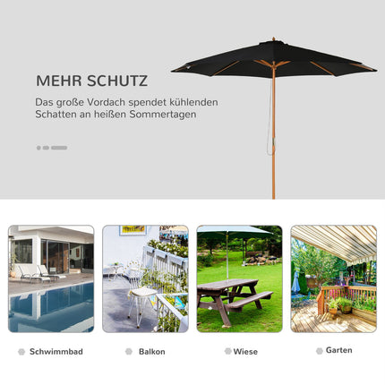 Wooden Bamboo Parasol, 300 Cm, Black, Robust & Elegant