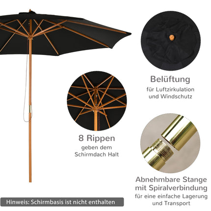 Wooden Bamboo Parasol, 300 Cm, Black, Robust & Elegant