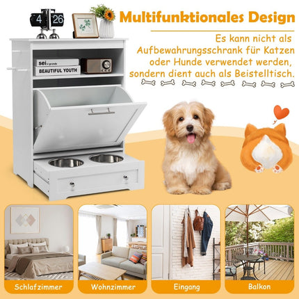 Mangeoire et abreuvoir en bois pour animaux de compagnie, avec gamelle et supports en acier inoxydable, blanc