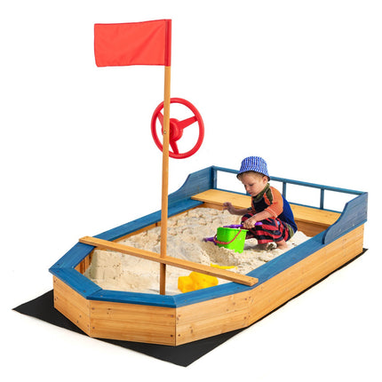 Wooden Pirate Ship Sandbox with Bench and Flag, 171x100x130 cm
