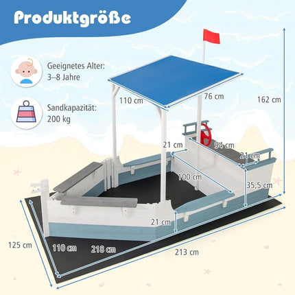 Piratenschiff-Sandkasten aus Holz mit Dach und Bank