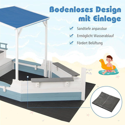 Piratenschiff-Sandkasten aus Holz mit Dach und Bank
