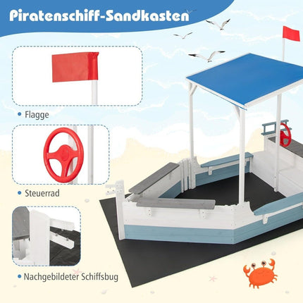 Piratenschiff-Sandkasten aus Holz mit Dach und Bank