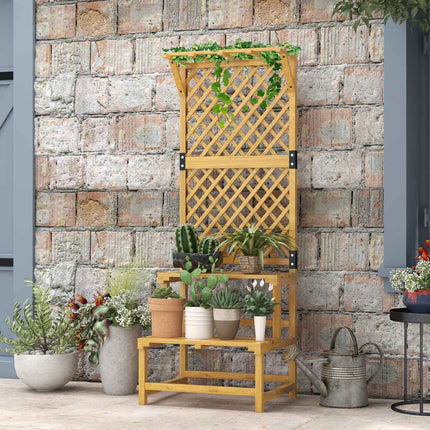 Support à plantes en bois à 2 niveaux, escalier à fleurs, treillis, étagère à fleurs, escalier à plantes, jardin, terrasse, jaune, 60 x 50 x 166 cm