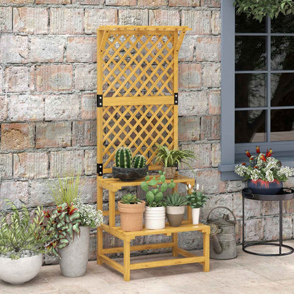 Support à plantes en bois à 2 niveaux, escalier à fleurs, treillis, étagère à fleurs, escalier à plantes, jardin, terrasse, jaune, 60 x 50 x 166 cm