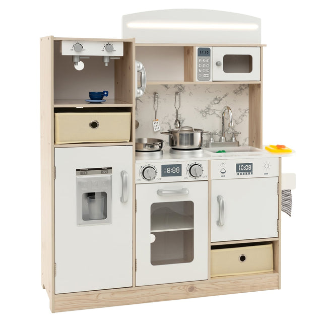 Wooden Play Kitchen Set with LED Lights & Storage