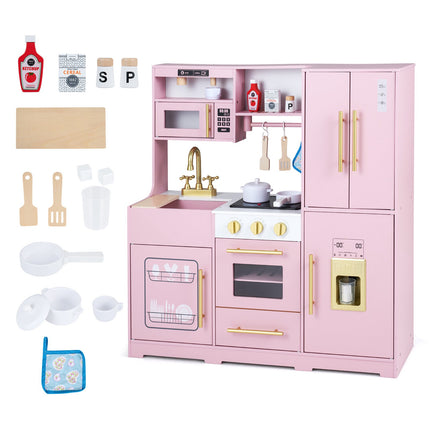 Wooden Play Kitchen for Kids with Lights and Sounds, Ice Dispenser, Pink