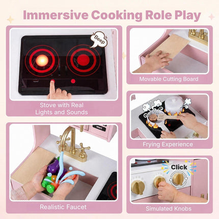 Wooden Play Kitchen for Kids with Lights and Sounds, Ice Dispenser, Pink