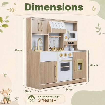 Wooden Play Kitchen with Ice Maker and Coffee Maker, Natural-White, Ages 3+