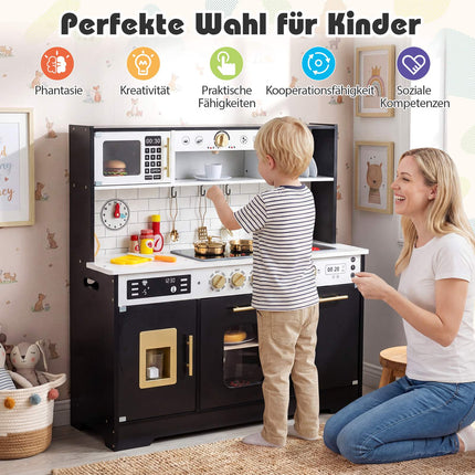 Wooden Play Kitchen with Light & Sound, Black, 14 Accessories