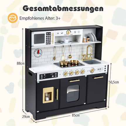 Wooden Play Kitchen with Light & Sound, Black, 14 Accessories