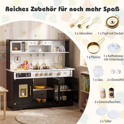 Wooden Play Kitchen with Light & Sound, Black, 14 Accessories