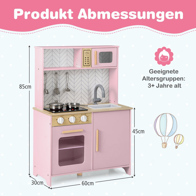 Wooden Play Kitchen with Microwave, Oven, Sink – Pink