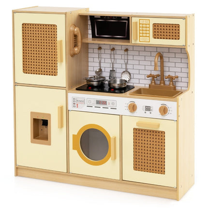 Wooden Play Kitchen with Rattan Doors, Light & Sound Effects