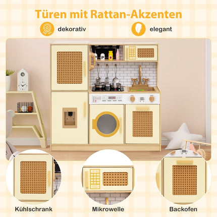 Wooden Play Kitchen with Rattan Doors, Light & Sound Effects