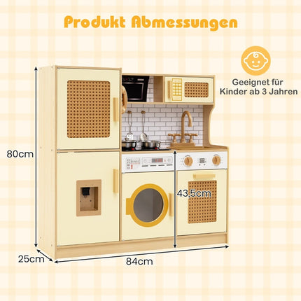 Wooden Play Kitchen with Rattan Doors, Light & Sound Effects