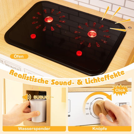 Wooden Play Kitchen with Rattan Doors, Light & Sound Effects