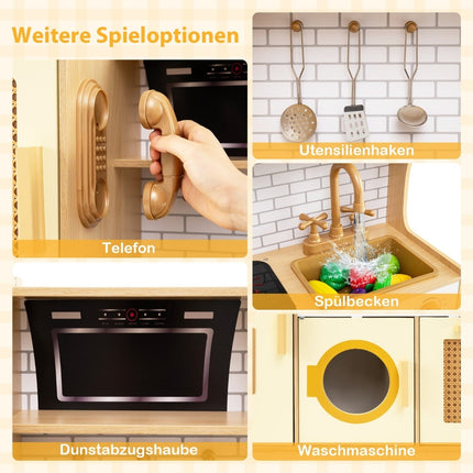Wooden Play Kitchen with Rattan Doors, Light & Sound Effects
