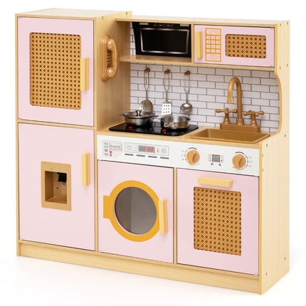 Holzspielküche mit Rattan-Türen, Licht & Sound, Pink