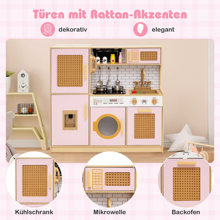 Holzspielküche mit Rattan-Türen, Licht & Sound, Pink