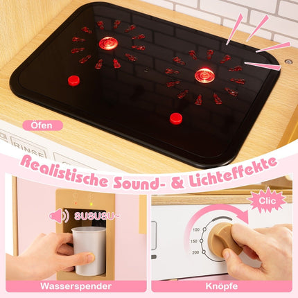 Holzspielküche mit Rattan-Türen, Licht & Sound, Pink