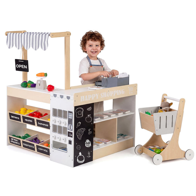 Wooden Play Store Set with Shopping Cart & Cash Register