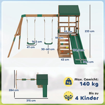 Holz-Spielturm mit Rutsche, Schaukeln, Kletterwand für Kinder