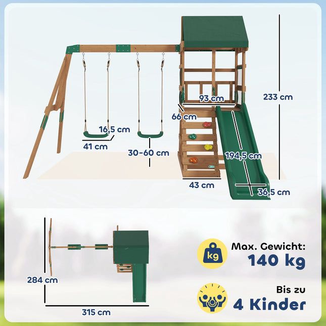Holz-Spielturm mit Rutsche, Schaukeln, Kletterwand für Kinder