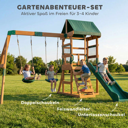 Holz-Spielturm mit Rutsche, Schaukeln, Kletterwand für Kinder