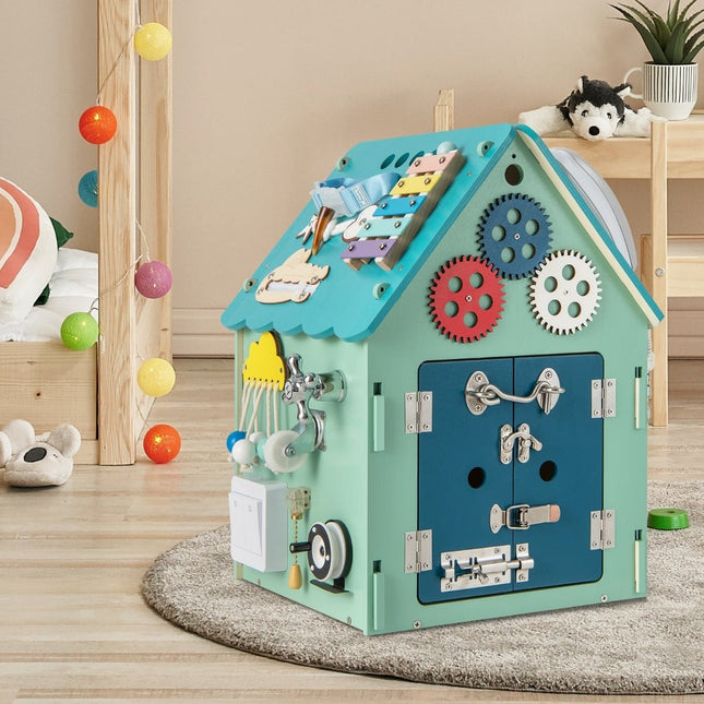 Holzspielhaus mit sensorischen Spielen und Stauraum für Kinder