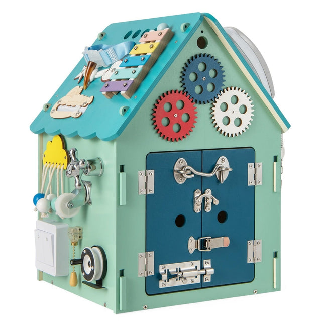 Holzspielhaus mit sensorischen Spielen und Stauraum für Kinder