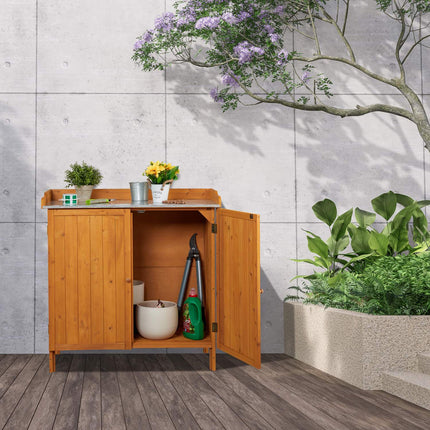 Wooden Potting Bench with Cupboard and Pewter Top