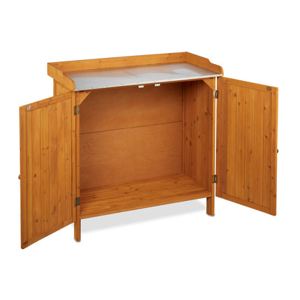 Wooden Potting Bench with Cupboard and Pewter Top