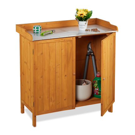 Wooden Potting Bench with Cupboard and Pewter Top