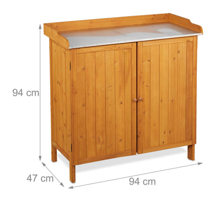 Wooden Potting Bench with Cupboard and Pewter Top