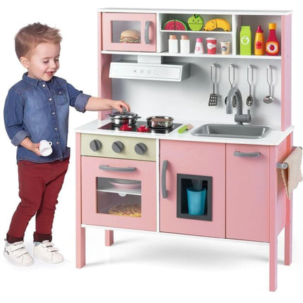 Wooden Pretend Play Kitchen Set, Pink White, Ages 3–6