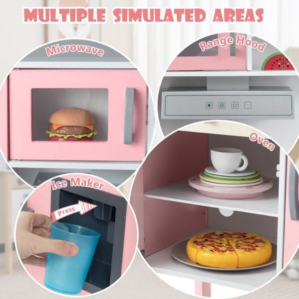 Wooden Pretend Play Kitchen Set, Pink White, Ages 3–6