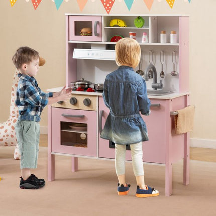 Wooden Pretend Play Kitchen Set, Pink White, Ages 3–6